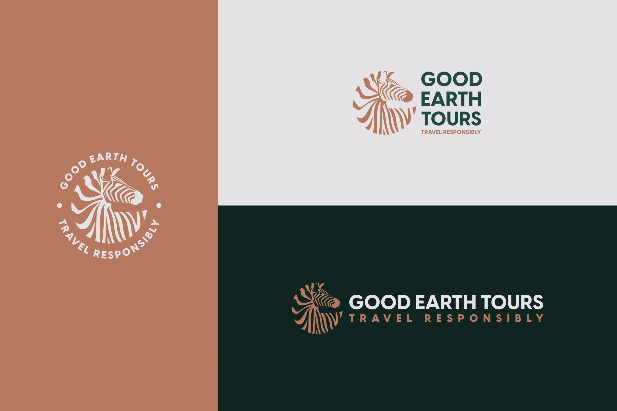 Good Earth Tours logo versions on terracotta, light grey and dark green panels