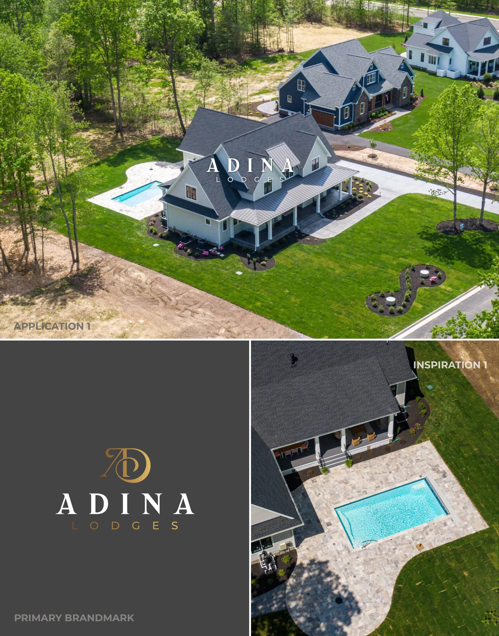 ADINA Lodges brand board with aerial lodge photos, a pool and the primary brandmark on grey