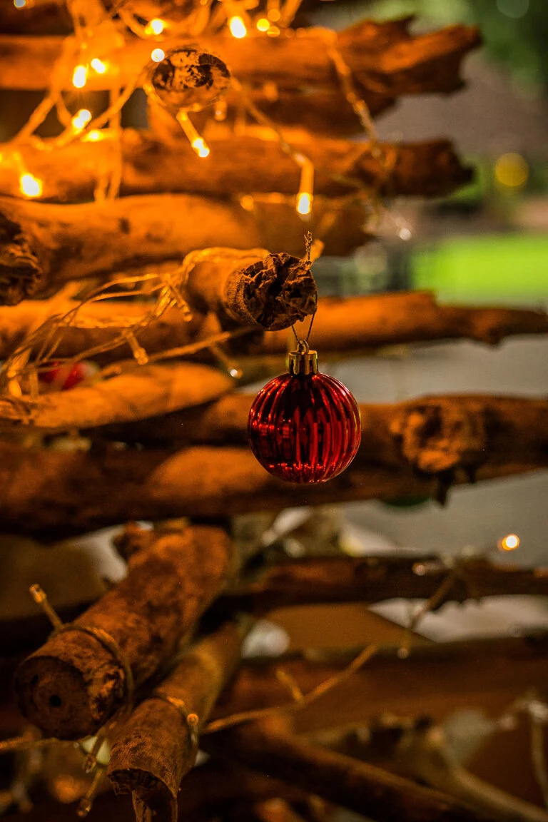Driftwood Christmas tree hung with a red bauble and warm fairy lights