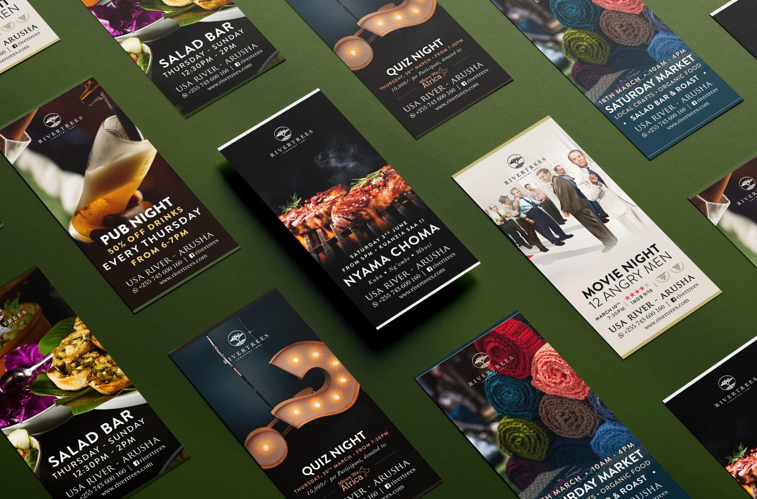 Rivertrees event flyers for Pub Night, Quiz Night, Movie Night and more laid out on green