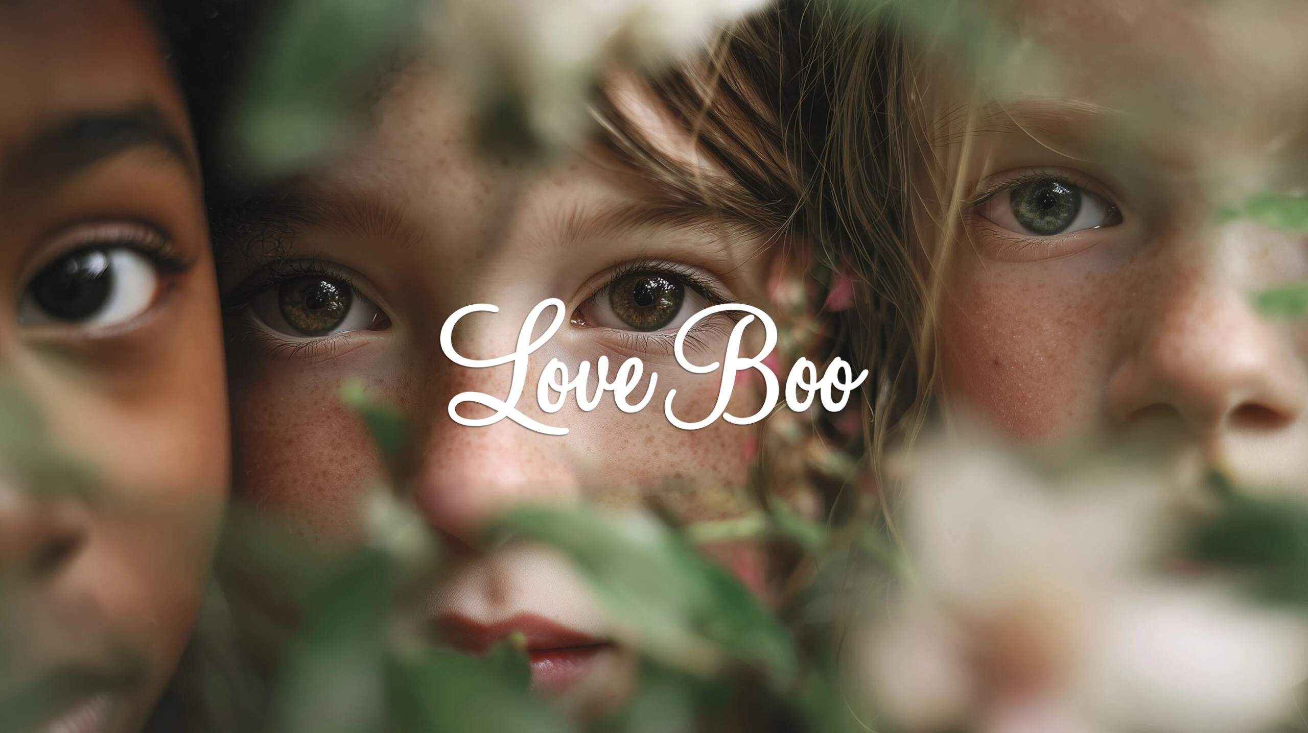 Two children's faces framed by leaves, with the Love Boo script logo in white