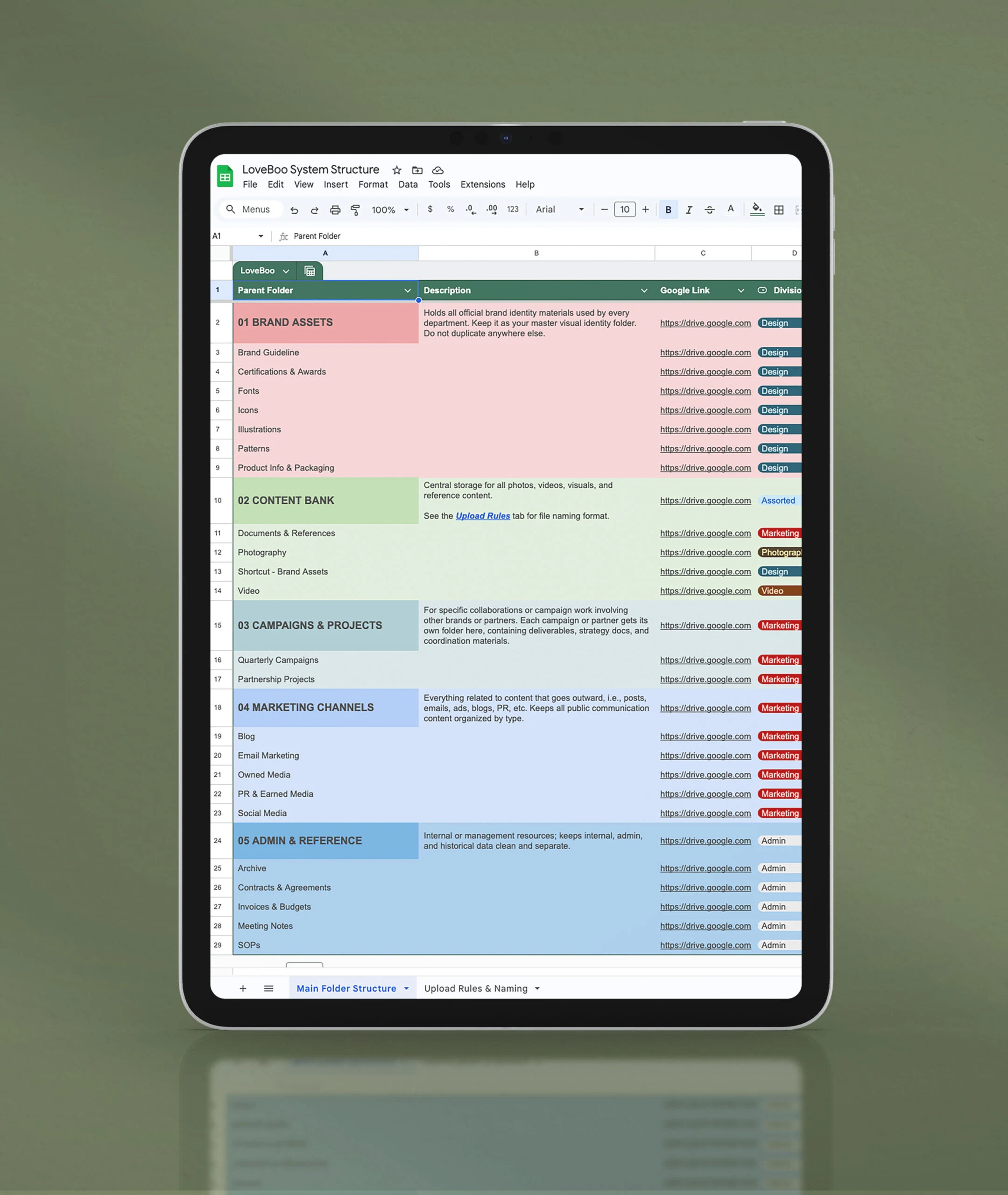 Tablet showing the Love Boo System Structure spreadsheet with colour-coded parent folders