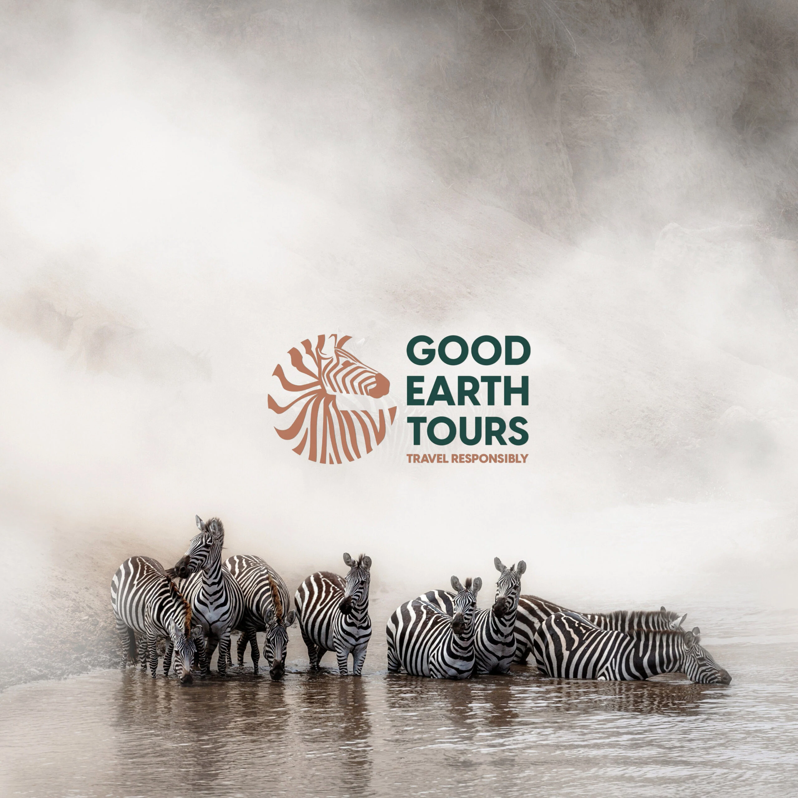 Good Earth Tours logo above a herd of zebras drinking at misty water
