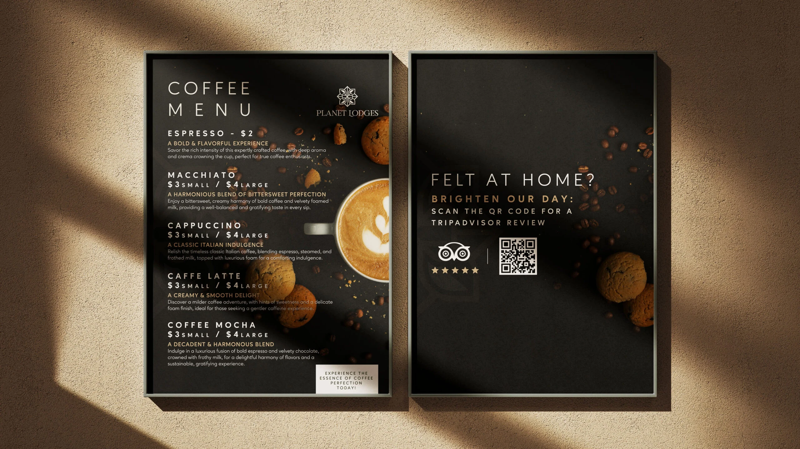 Planet Lodges black coffee menu and a Felt at Home card with a Tripadvisor QR code