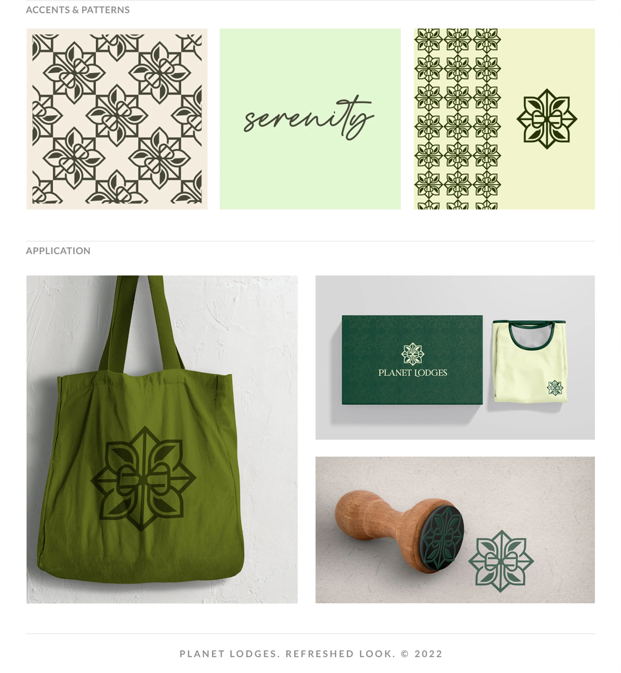 Planet Lodges patterns and applications on a tote bag, gift box, T-shirt and wooden stamp
