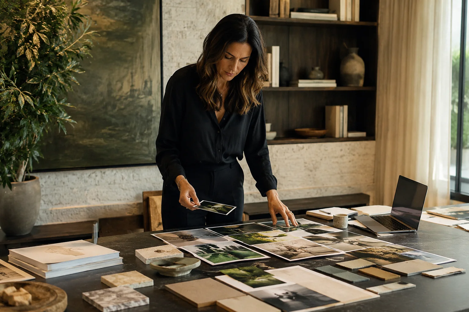 Creative director arranging printed references and brand materials on a table