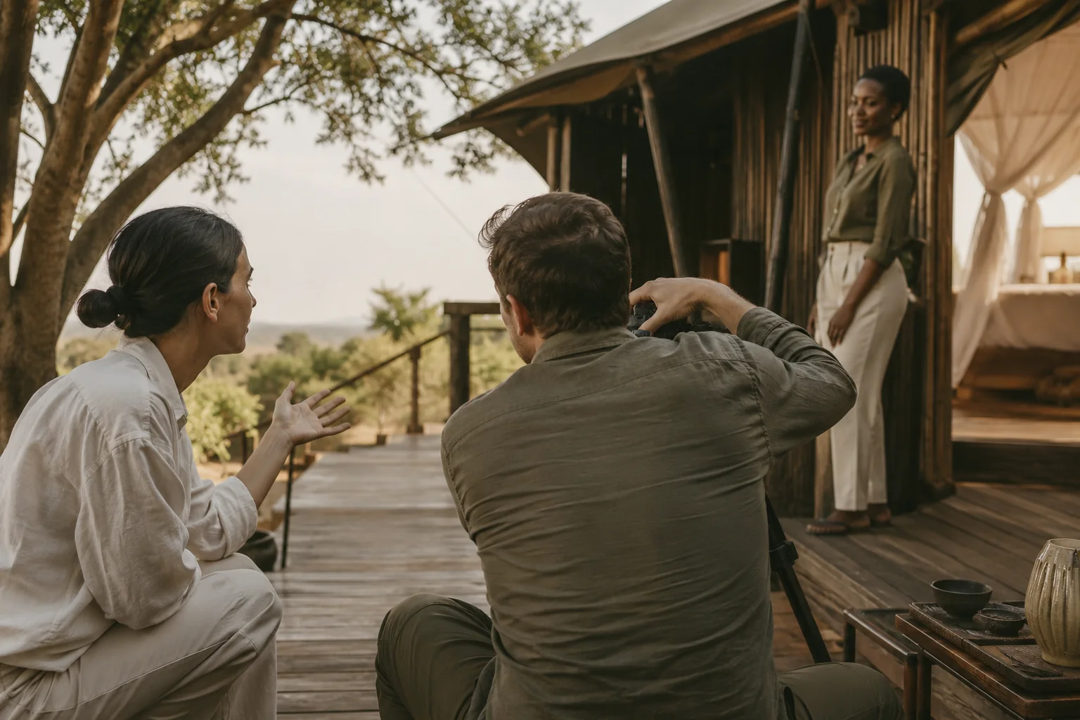 Behind-the-scenes hospitality photoshoot with a director and photographer on location