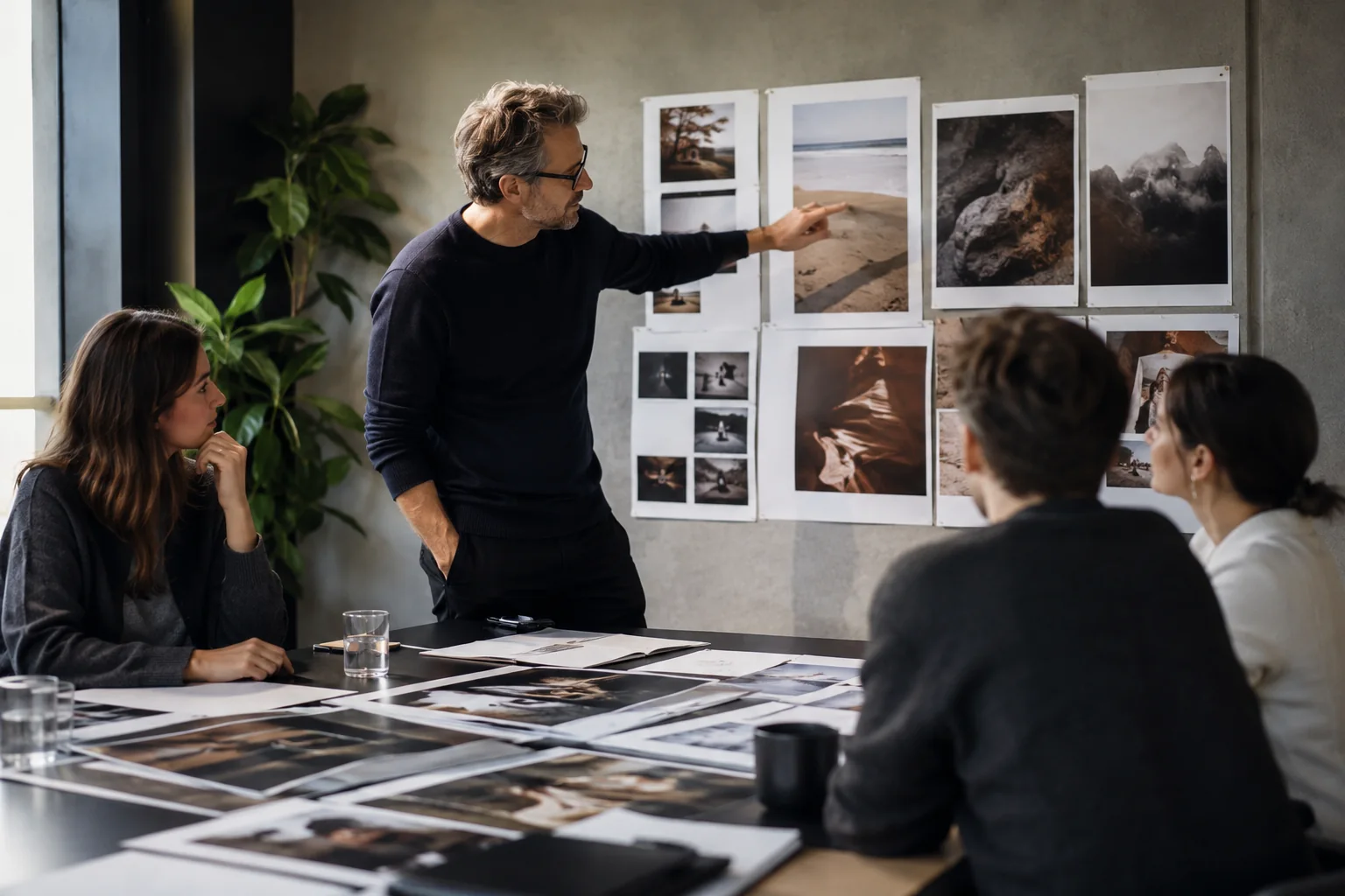 Creative team reviewing a wall of visual references during a direction session