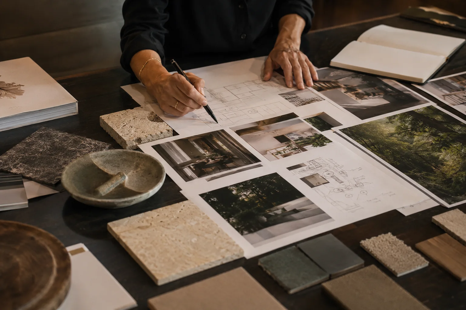 Close-up of notes, references, and brand materials used for creative planning