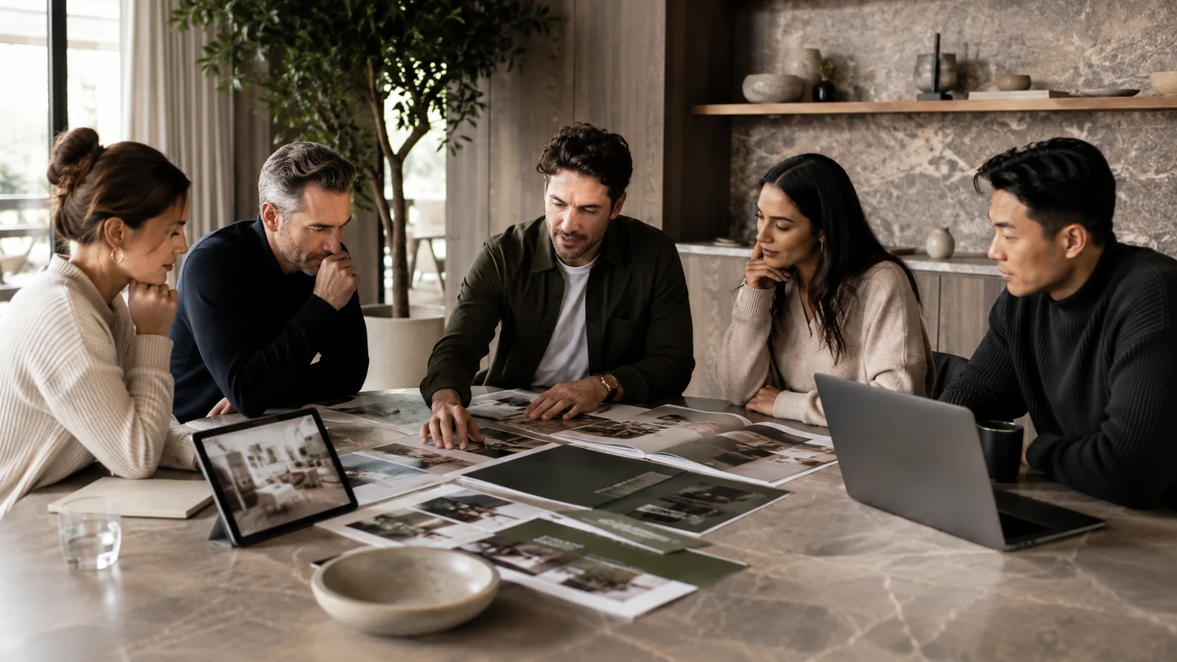 Brand direction notes, mood references, and campaign materials arranged on a table.