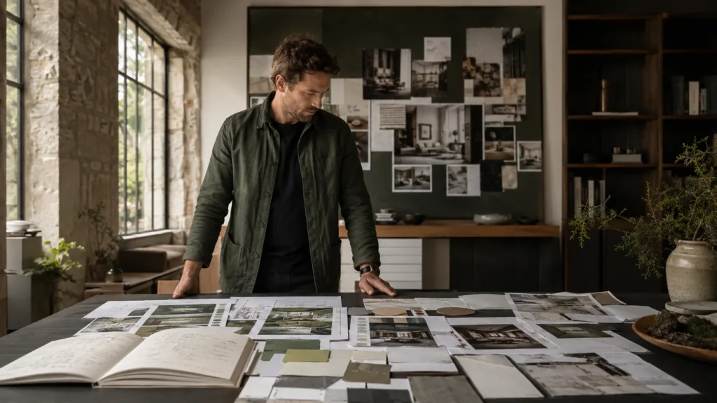 Creative director reviewing brand materials, moodboards, and image references in a refined workspace.